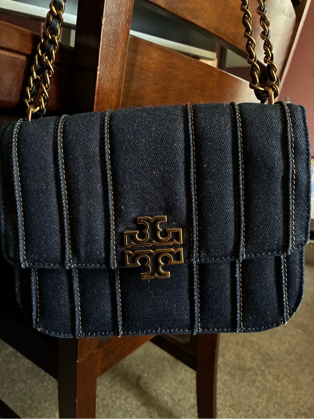 Tory Burch Quilted Denim Shoulder Bag with Gold hardware